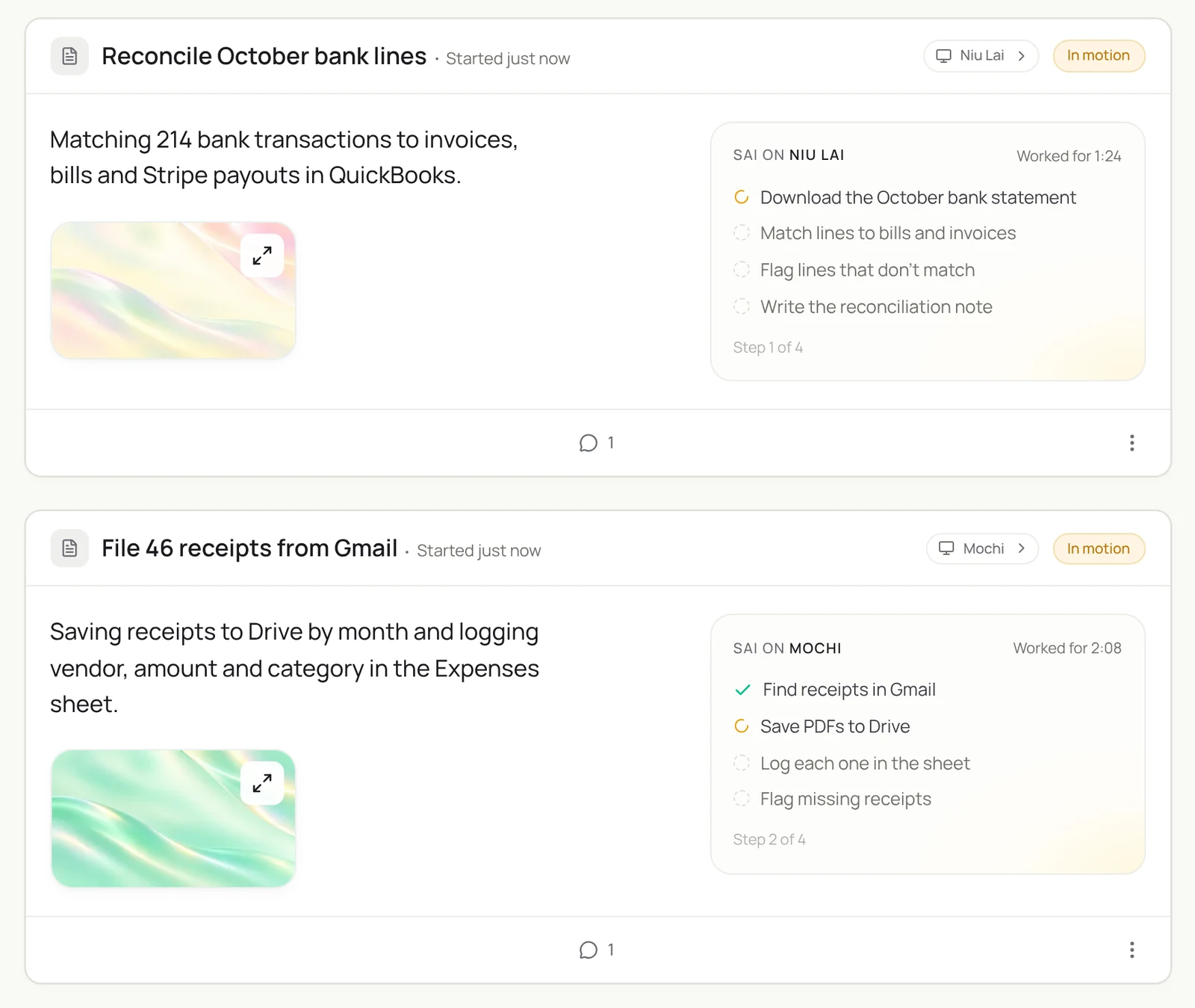 Two Sai tasks in motion: reconciling 214 October bank transactions in QuickBooks, step 1 of 4, and filing 46 receipts from Gmail to Drive and the Expenses sheet, step 2 of 4