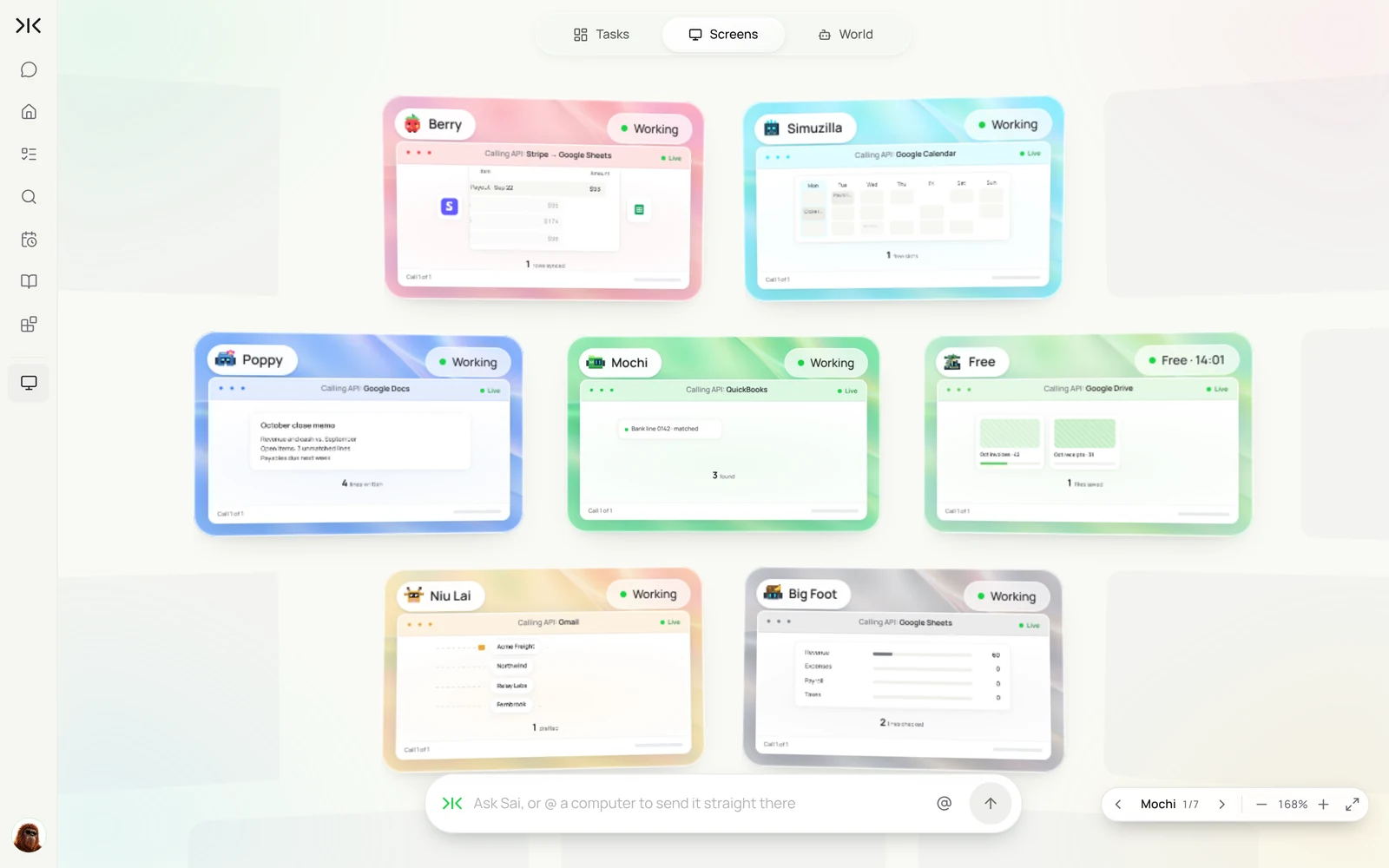 Sai Screens view with seven cloud computers working on bookkeeping at once: Stripe payouts to the ledger, the close review on the calendar, the month-end memo, bank lines in QuickBooks, vendor invoices to Drive, overdue invoice reminders and the expenses sheet