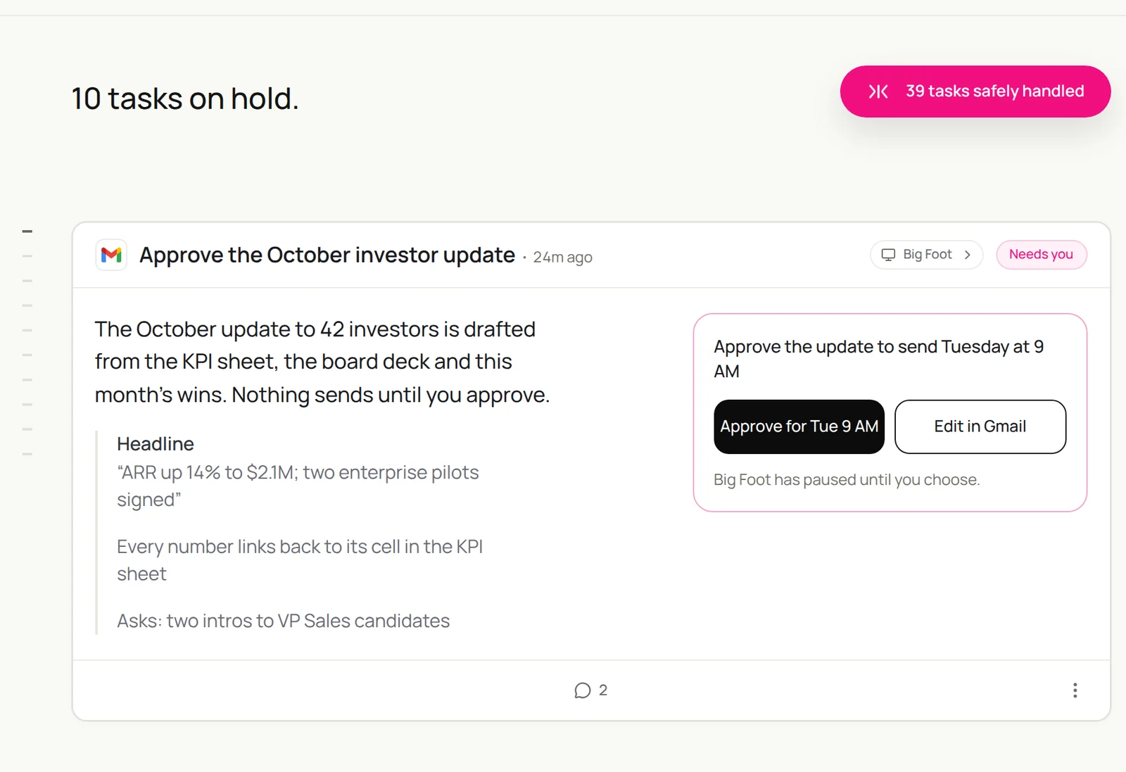 A Sai task that needs the user: approve the October investor update to 42 investors, drafted from the KPI sheet and board deck, headline ARR up 14% to $2.1M, every number linked to its cell, asking for two VP Sales intros, with Approve for Tuesday 9 AM or Edit in Gmail