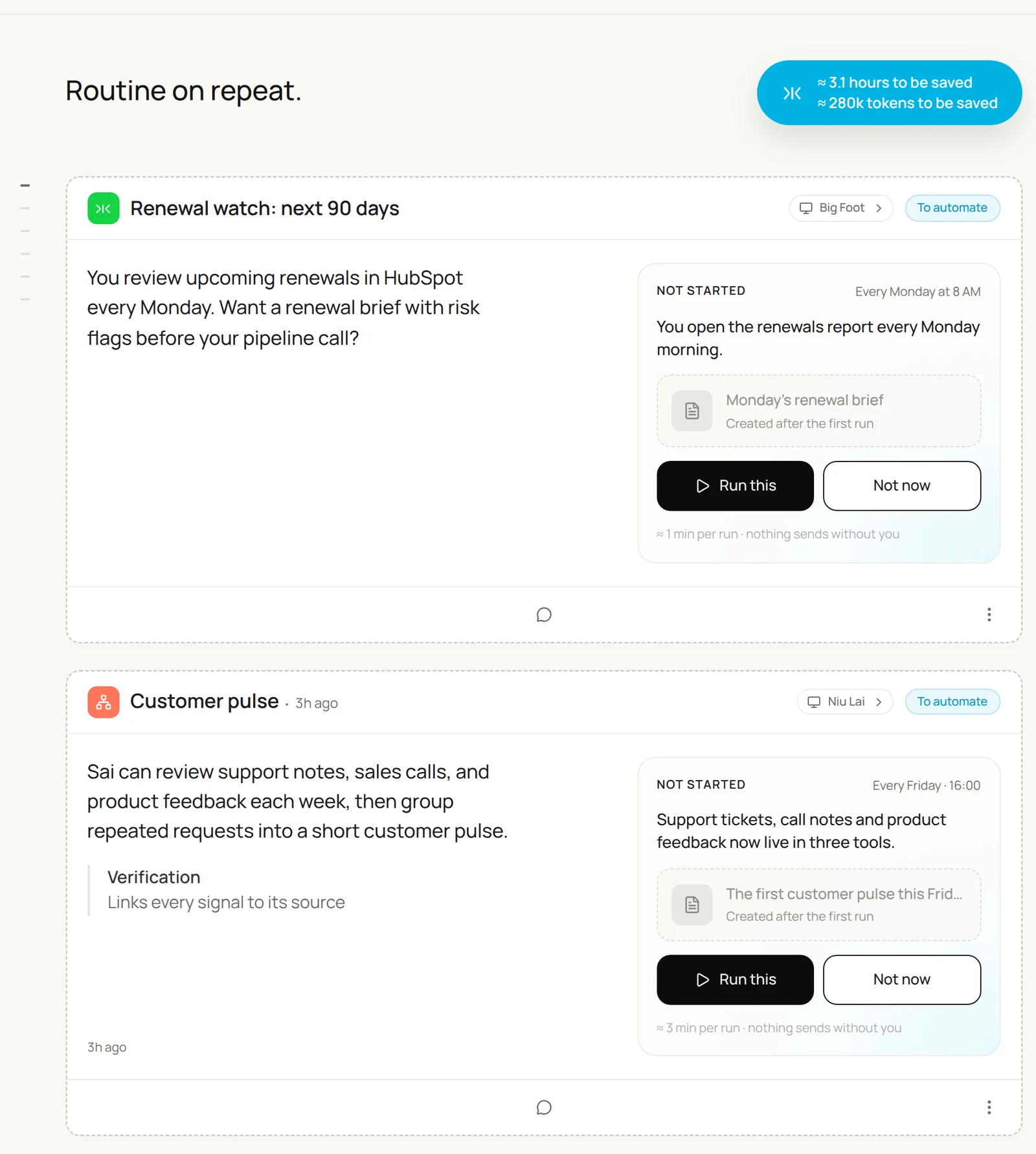 Sai Automate feed with two suggested routines: Renewal watch for the next 90 days, every Monday at 8 AM, and Customer pulse, every Friday, from support tickets, call notes and product feedback