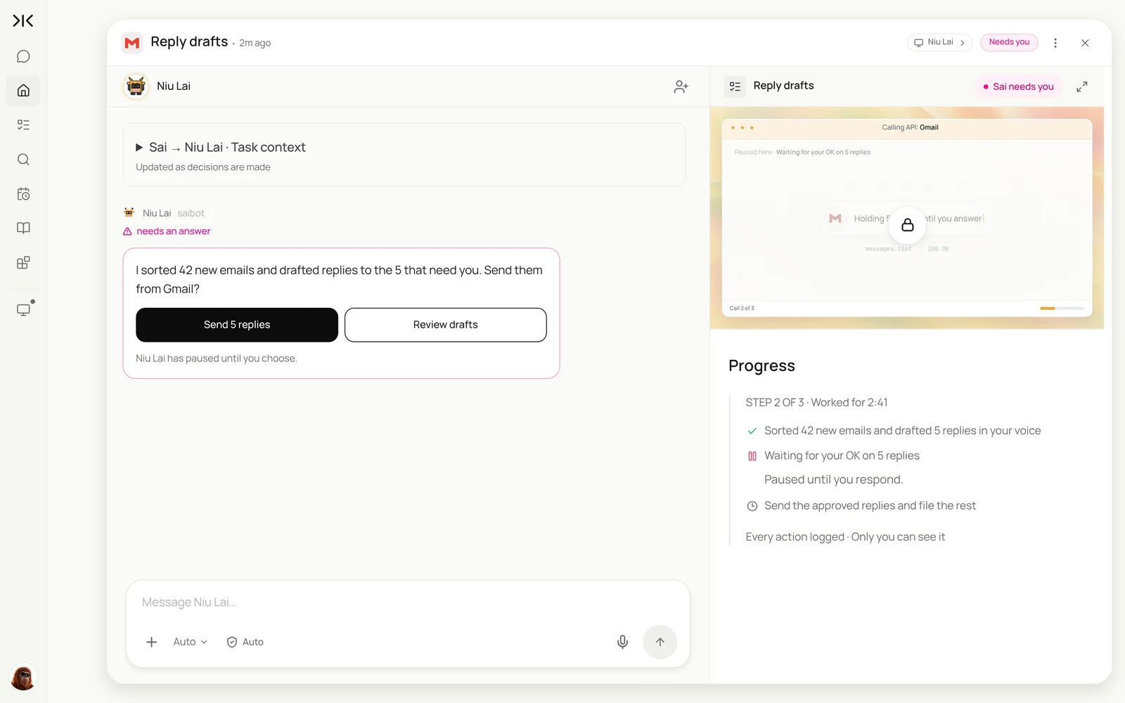 A Sai task paused for approval: 5 reply drafts ready to send from Gmail, with Send 5 replies and Review drafts buttons