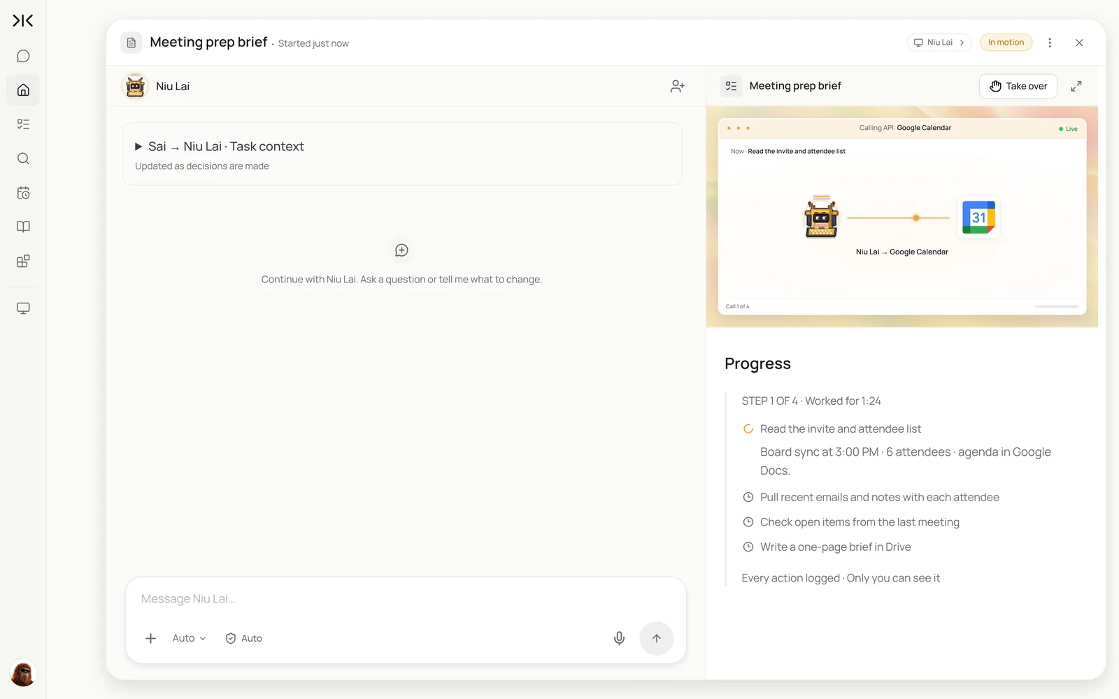 A running Sai task writing a meeting prep brief, with the live view of the computer reading Google Calendar and the progress steps
