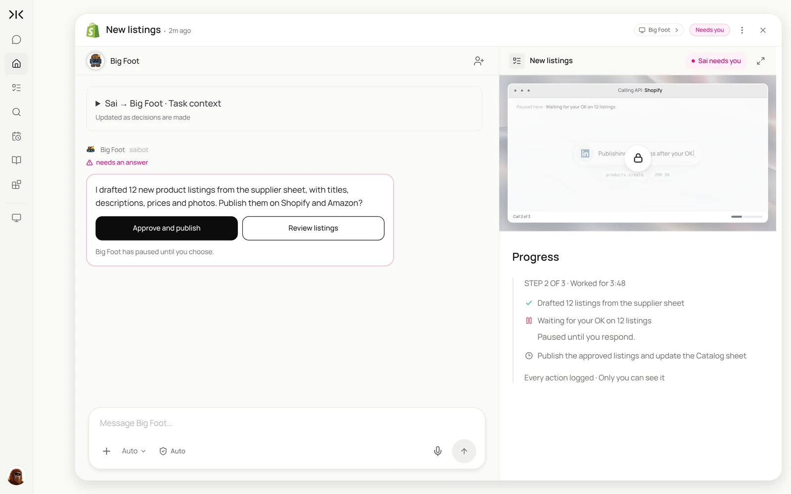 A Sai task paused for approval: 12 new product listings drafted for Shopify and Amazon, with Approve and publish and Review listings buttons