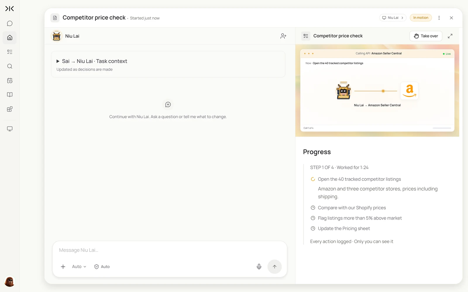 A running Sai task checking competitor prices, with the live view of the computer working in Amazon Seller Central and the progress steps