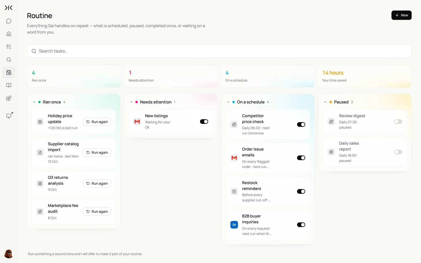 The Routine page in Sai with an AI e-commerce operations agent’s routines: competitor price check, order issue emails, restock reminders and B2B buyer inquiries on a schedule, and new listings waiting for approval