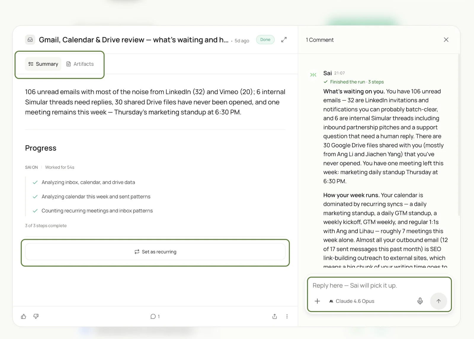 A completed Sai task showing the Summary, Artifacts, History and Chat views