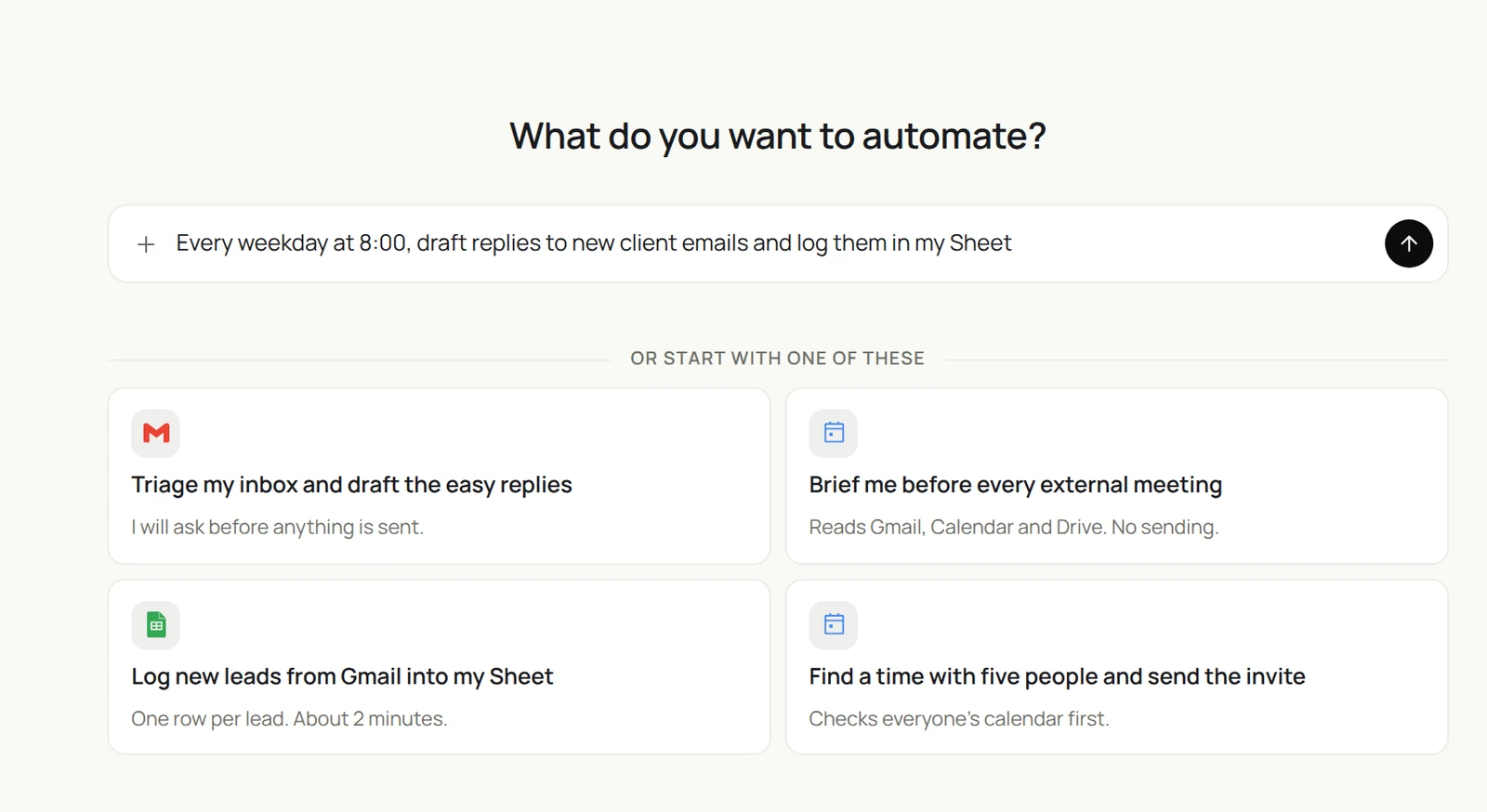 Sai’s New routine screen with Google Workspace starters: triage the inbox, brief me before every external meeting, log new leads from Gmail into a sheet, and find a time with five people