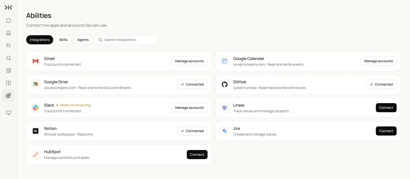 Sai Abilities → Integrations with Gmail, Google Calendar and Google Drive connected, alongside Slack, Notion, GitHub, Linear, Jira and HubSpot