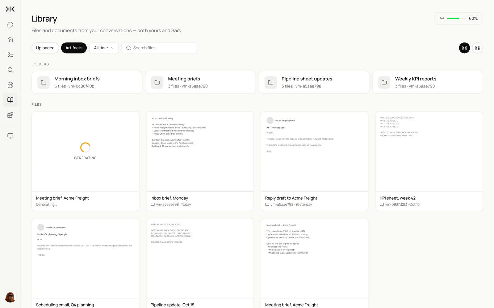 Sai Library with folders for morning inbox briefs, meeting briefs, Pipeline sheet updates and weekly KPI reports, and files such as an inbox brief, a reply draft and a meeting brief