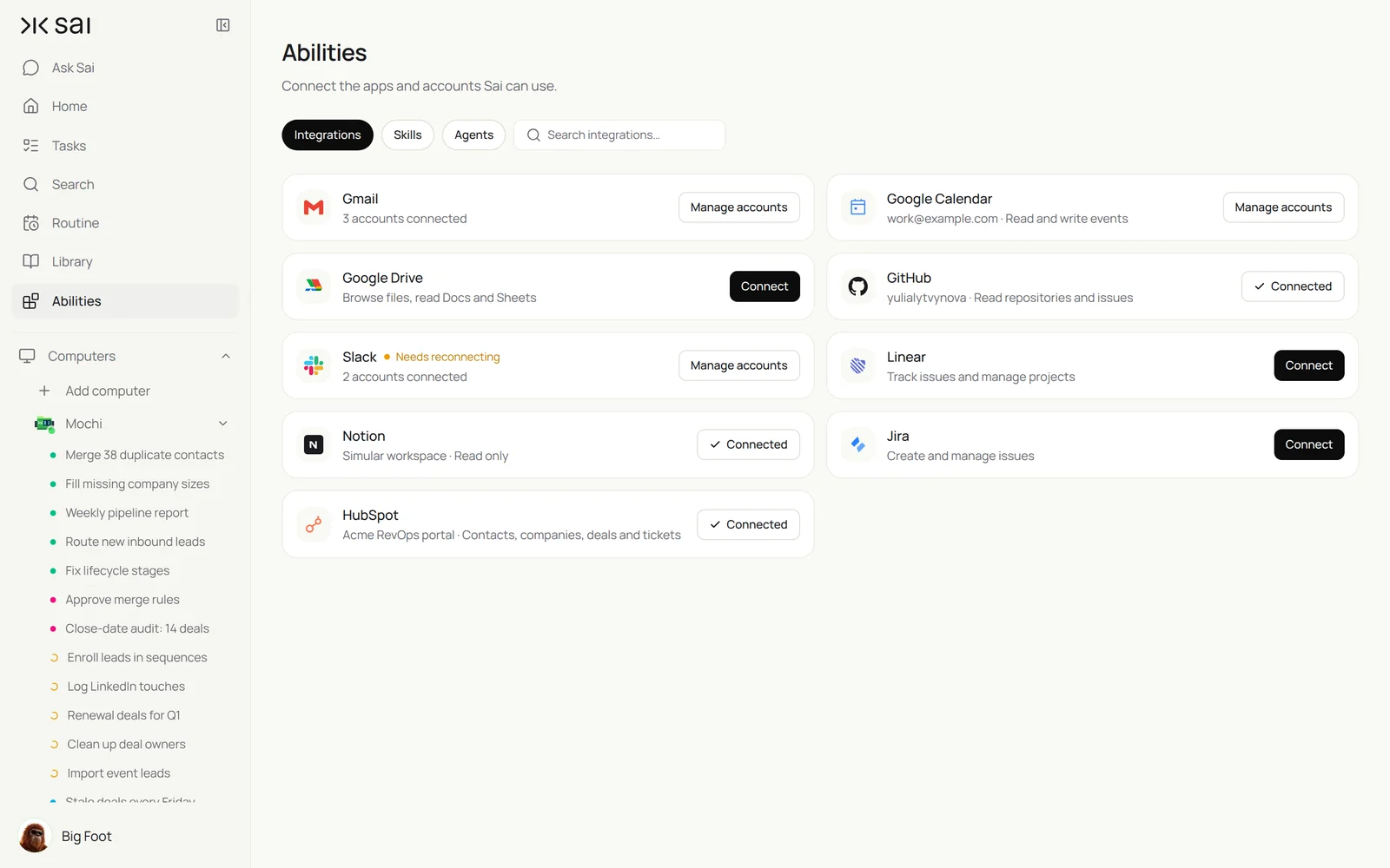 Sai Abilities → Integrations with HubSpot connected to the Acme RevOps portal for contacts, companies, deals and tickets, next to Gmail, Google Calendar, Slack and Notion, and a sidebar of HubSpot jobs such as merge 38 duplicate contacts and route new inbound leads