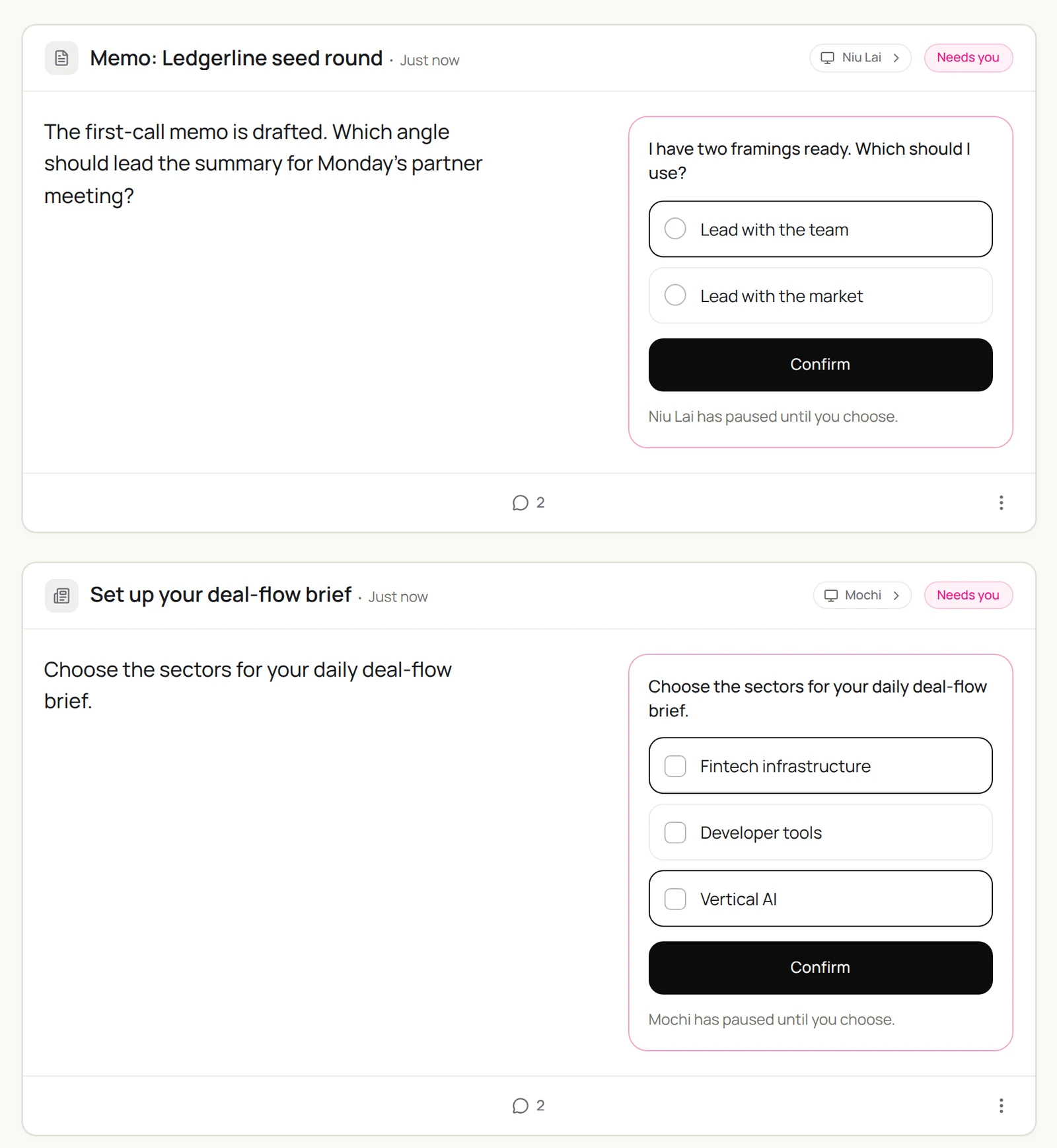 Two Sai tasks waiting for a fund partner: choose whether the Ledgerline memo leads with the team or the market, and choose the sectors for the daily deal-flow brief