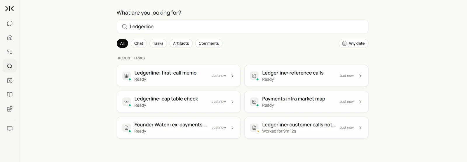 Sai Search for Ledgerline showing recent tasks: first-call memo, reference calls, cap table check, a payments infra market map, founder watch and customer call notes