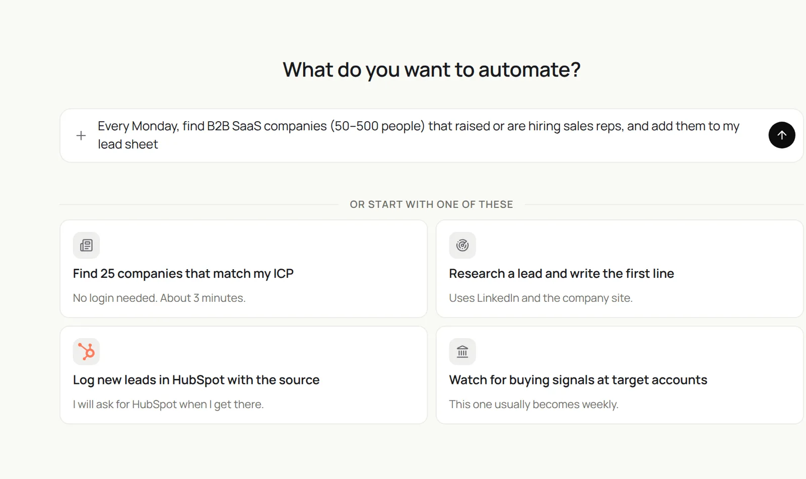 Sai Routine page asking What do you want to automate, with a typed request to find B2B SaaS companies that raised or are hiring sales reps every Monday and add them to the lead sheet, and starters: Find 25 companies that match my ICP, Research a lead and write the first line, Log new leads in HubSpot with the source, Watch for buying signals at target accounts