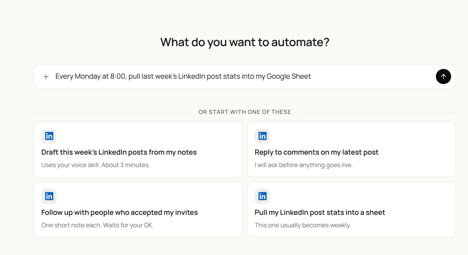 Sai’s New routine screen with LinkedIn starters: draft this week’s posts, reply to comments, follow up with new connections, and pull post stats into a sheet