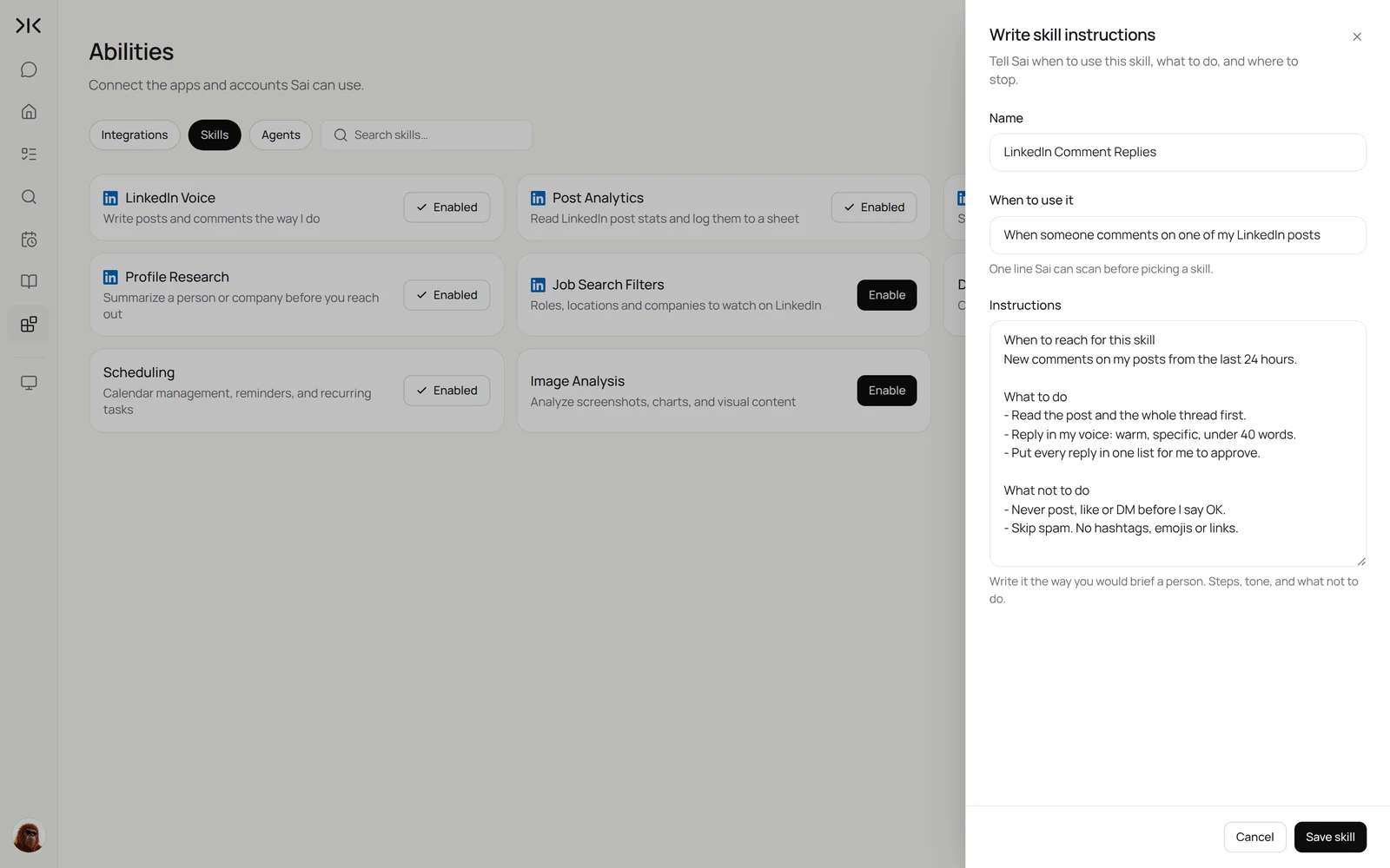 Sai Abilities page with LinkedIn skills enabled and the Write skill instructions panel filled in for a LinkedIn Comment Replies skill