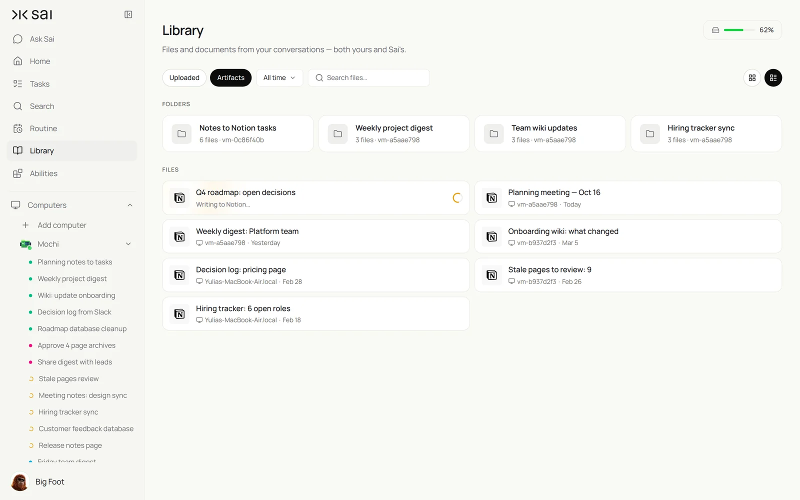 Sai Library in list view with folders for notes to Notion tasks, the weekly project digest, team wiki updates and the hiring tracker sync, Notion pages such as Planning meeting Oct 16 and Stale pages to review, and a sidebar of Notion jobs