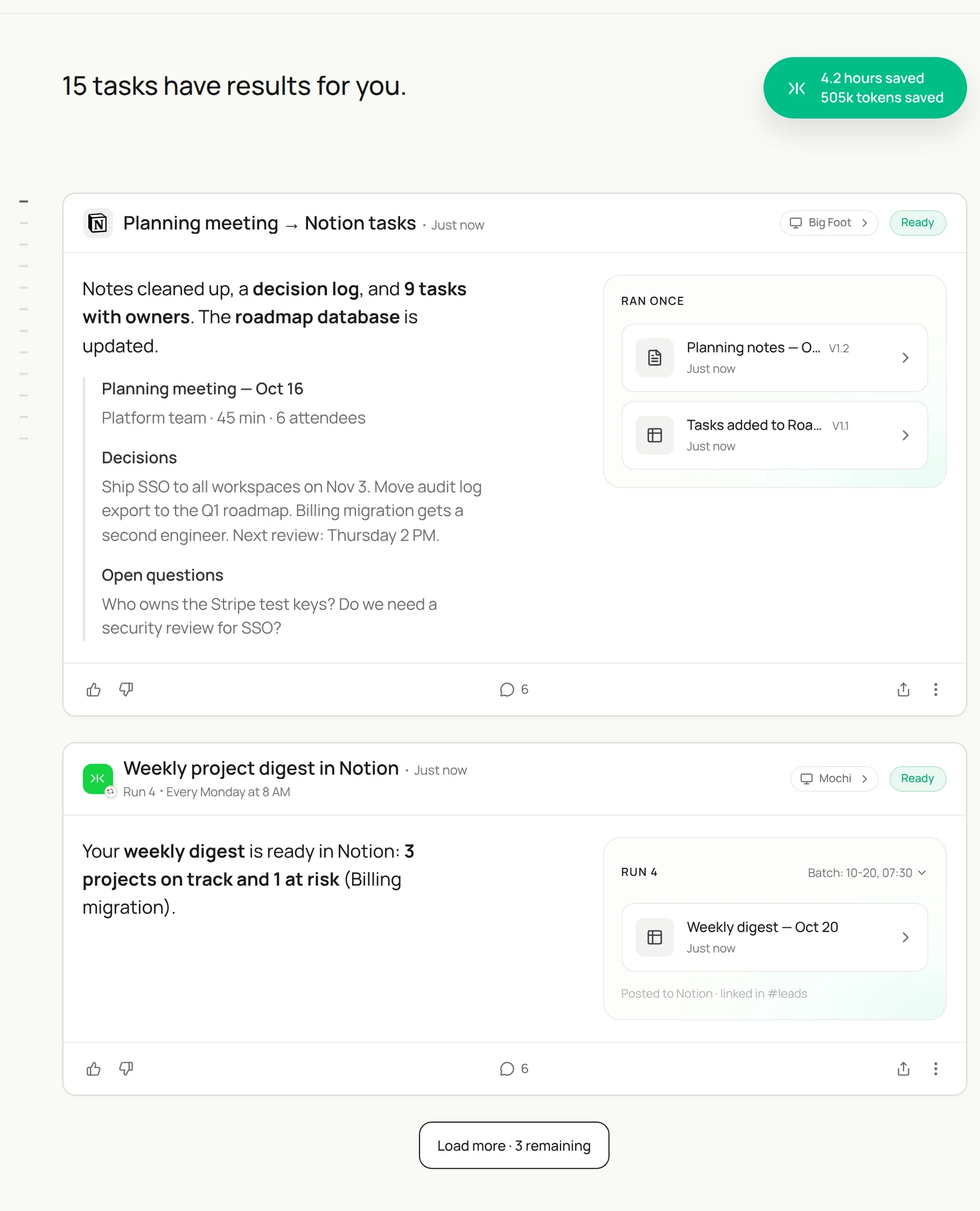 Two Sai Ready tasks: Planning meeting to Notion tasks, with notes cleaned up, a decision log and 9 tasks with owners added to the roadmap database; and the weekly project digest in Notion, run 4 every Monday at 8 AM, with 3 projects on track and 1 at risk