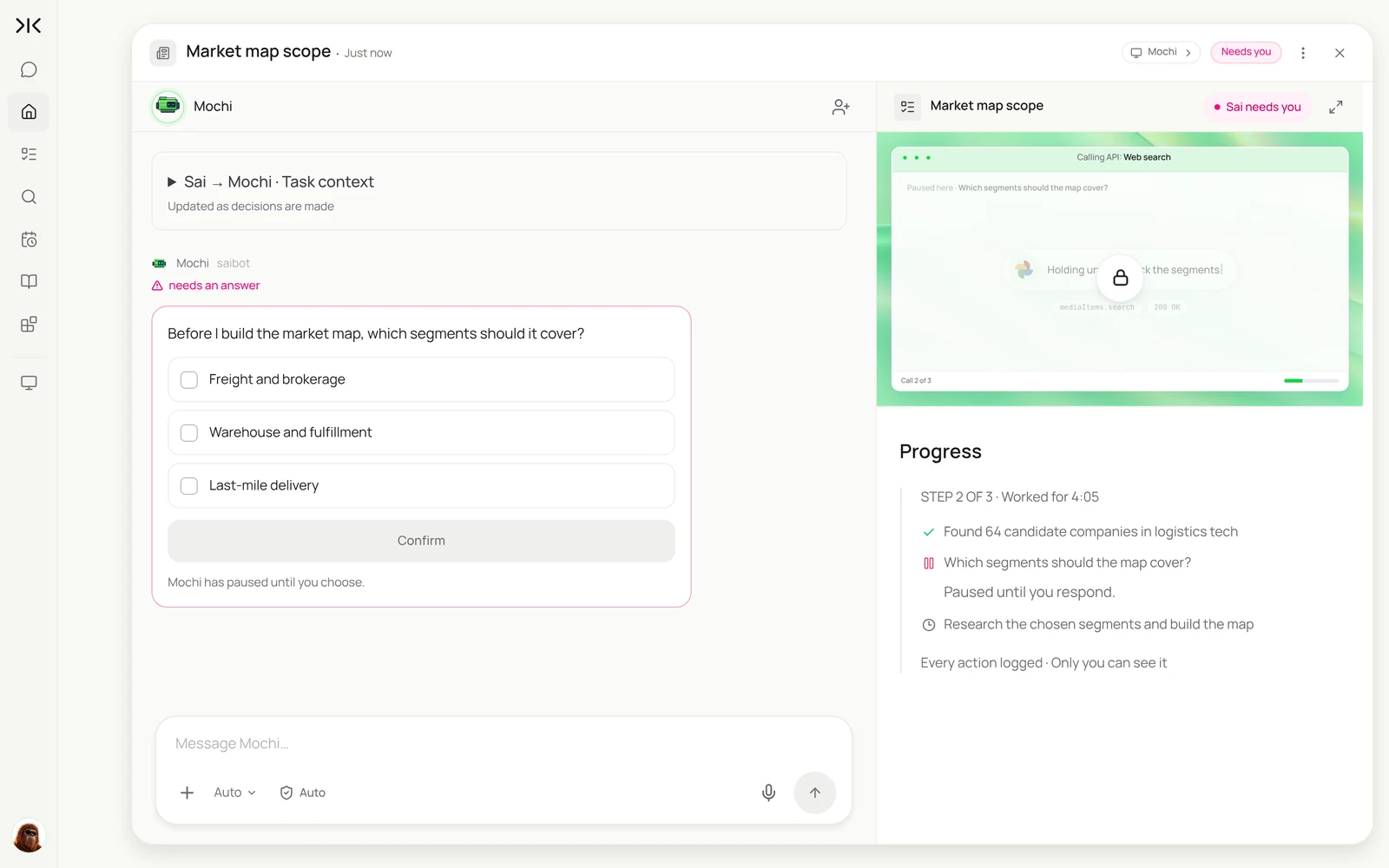 A Sai task asking which segments the market map should cover: freight and brokerage, warehouse and fulfillment, and last-mile delivery, with a Confirm button