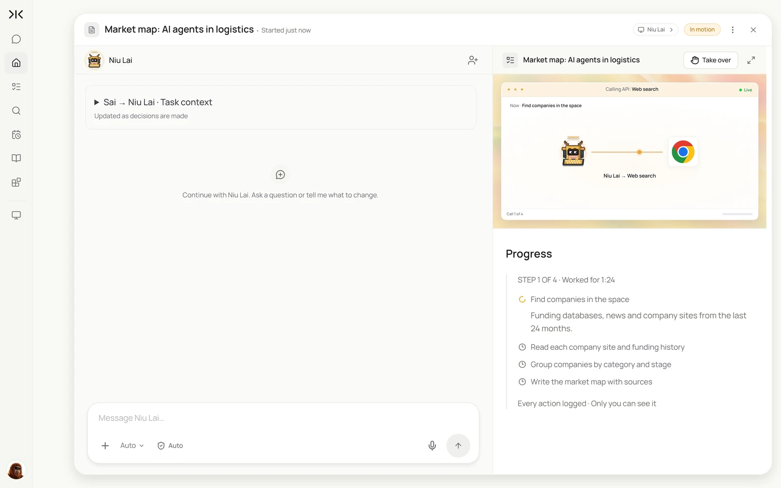 A running Sai task building a market map, with the live view of the computer searching the web and the progress steps