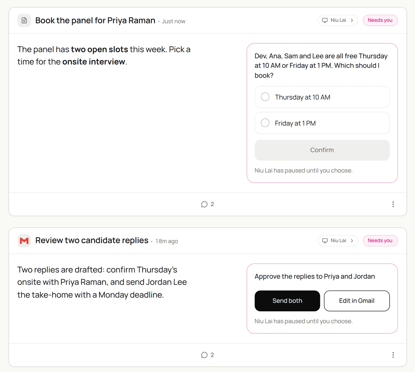 Two Sai tasks waiting for a recruiter: pick Thursday at 10 AM or Friday at 1 PM for the panel, and approve reply drafts to Priya Raman and Jordan Lee