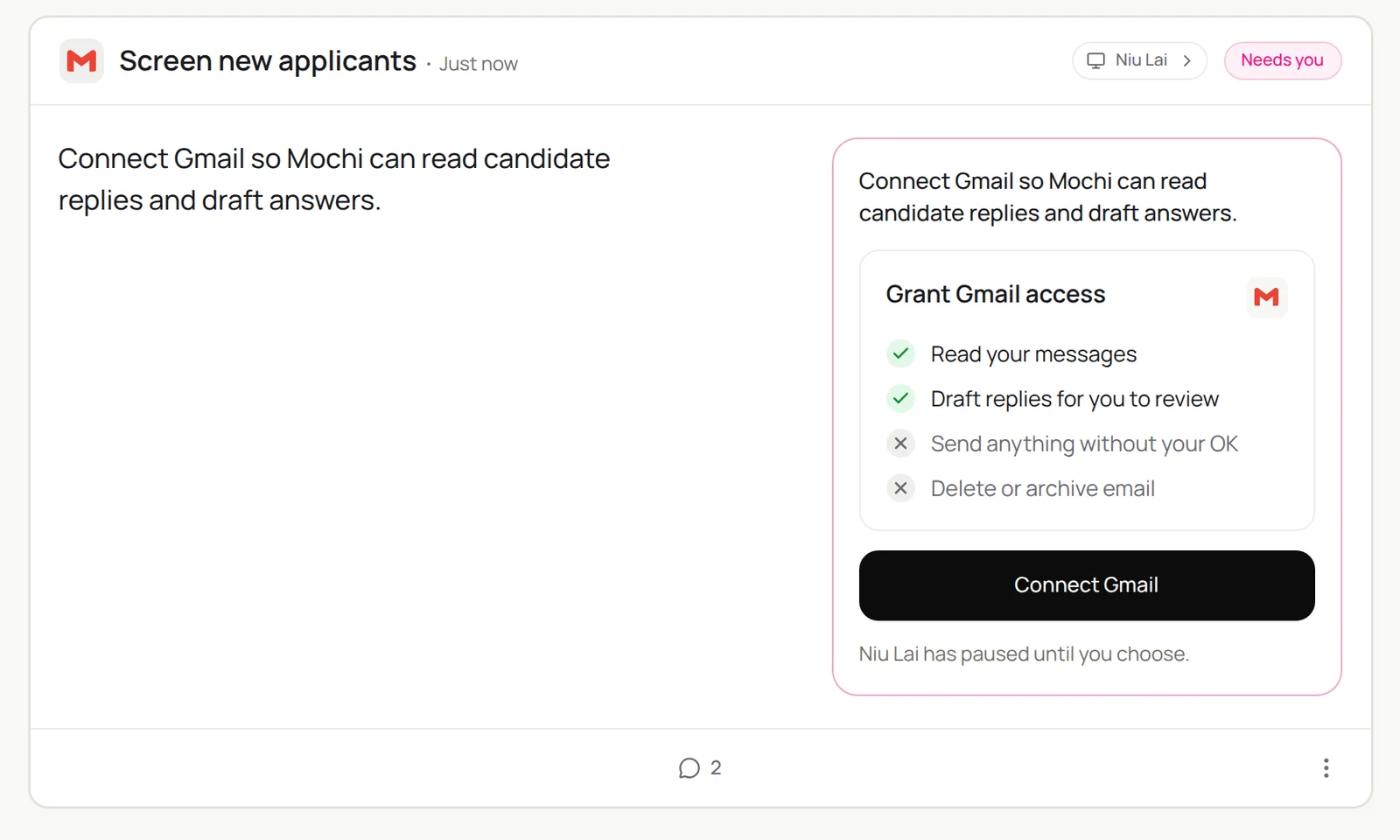 A Sai task asking to connect Gmail so it can read candidate replies and draft answers, showing it can read messages and draft replies but cannot send without approval or delete email
