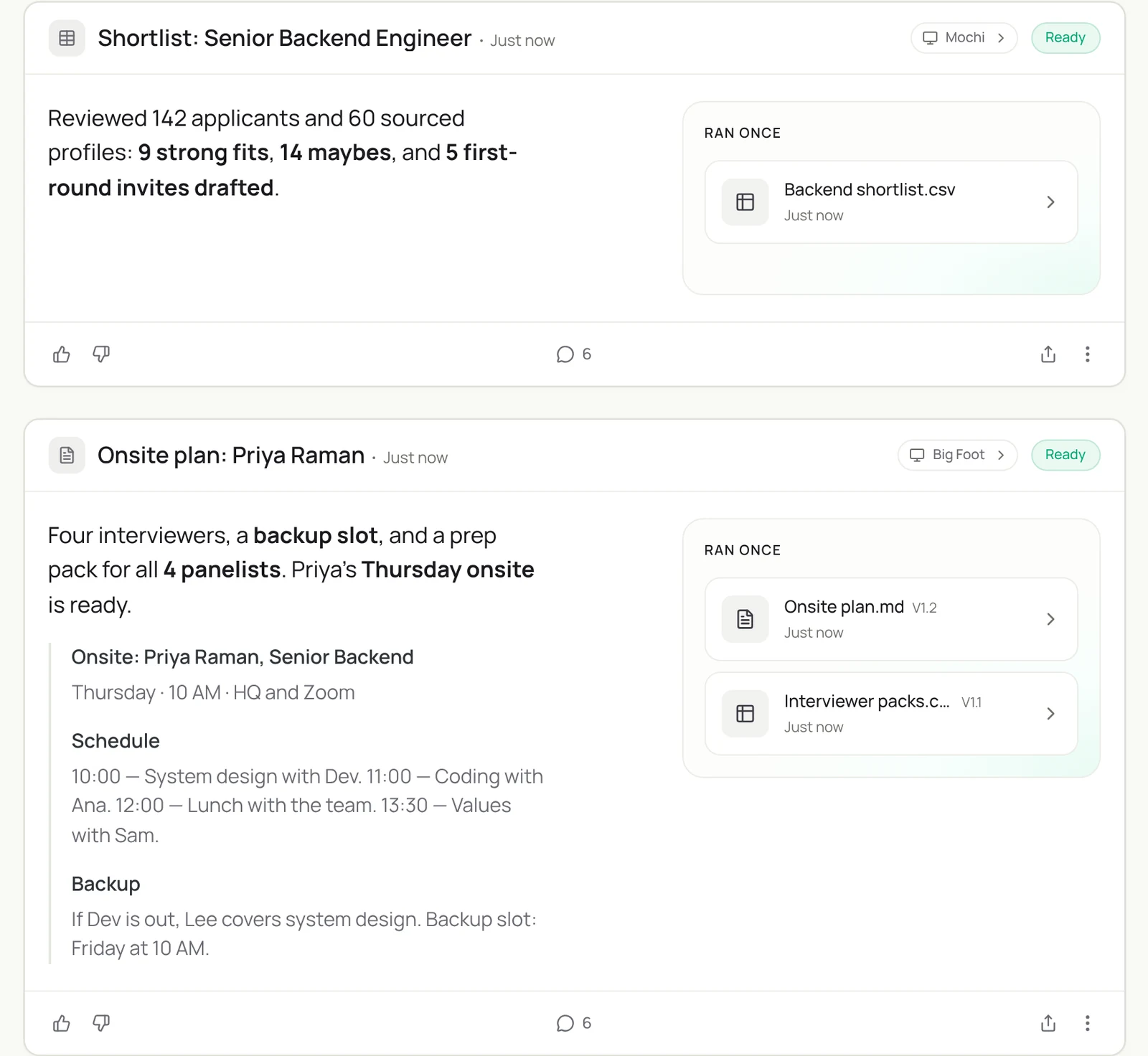 Two Sai results for a recruiter: a Senior Backend Engineer shortlist with 9 strong fits, 14 maybes and 5 invites drafted, and an onsite plan for Priya Raman with schedule, backup and interviewer packs
