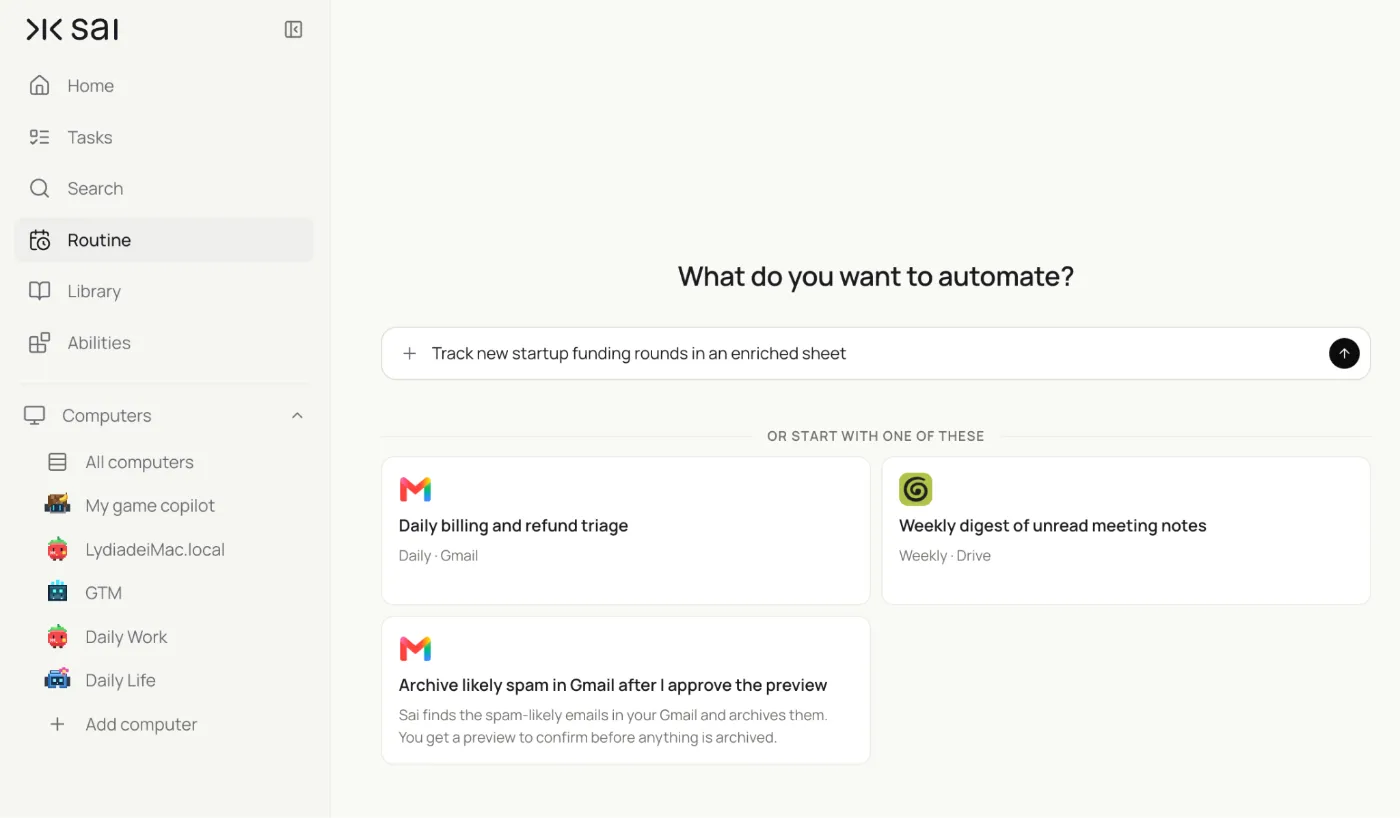 The Routine screen in Sai: “What do you want to automate?” with suggested starter routines