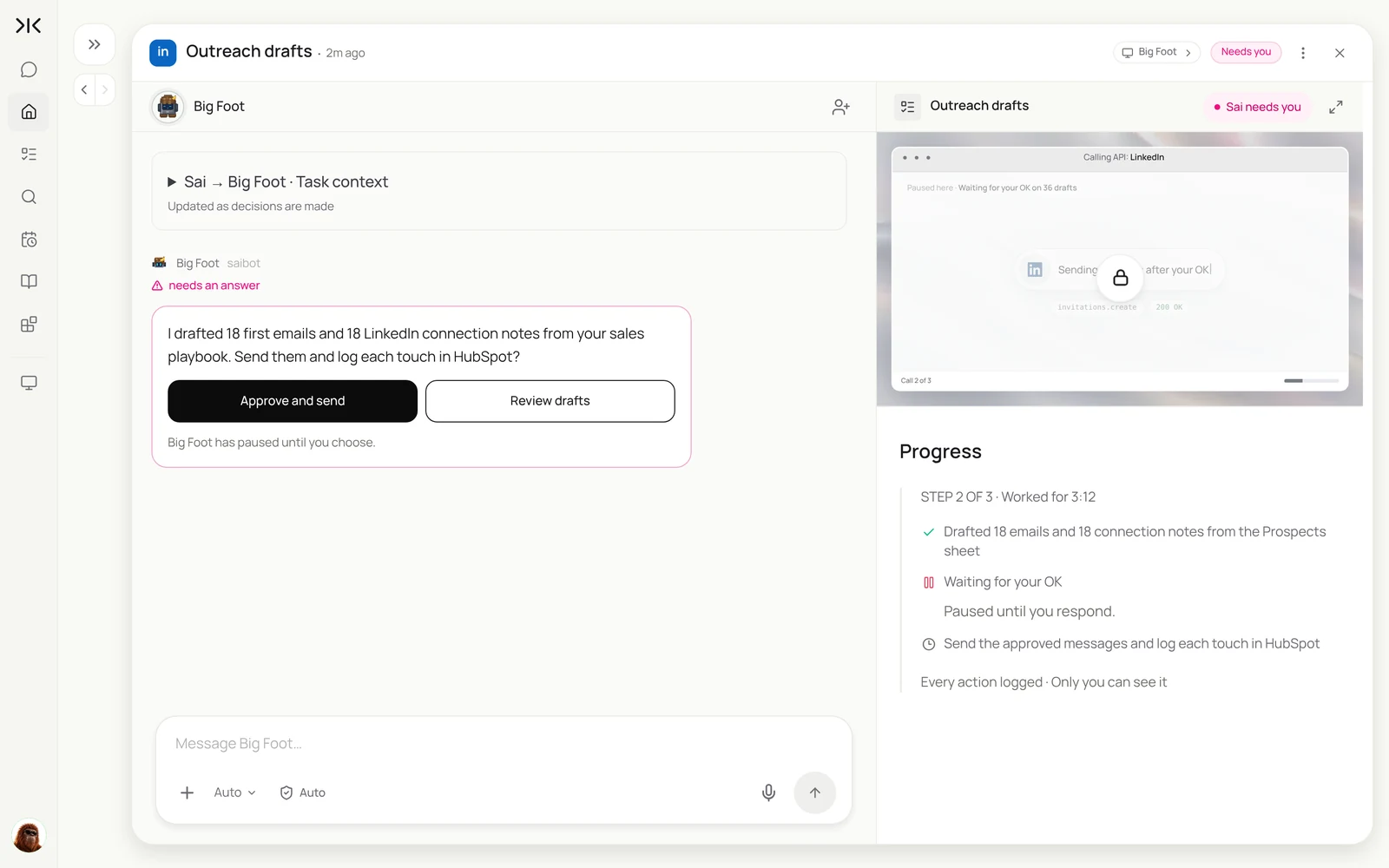 A Sai task paused for approval: 18 first emails and 18 LinkedIn connection notes drafted, with Approve and send and Review drafts buttons