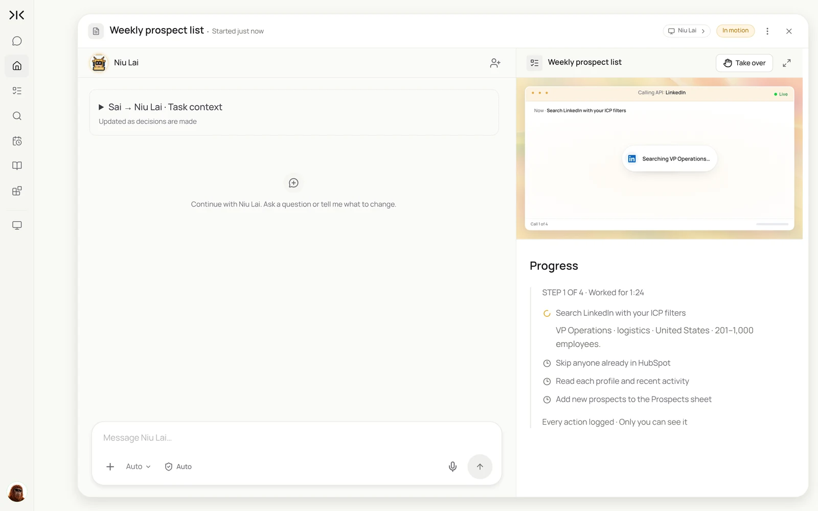 A running Sai task building the weekly prospect list, with the live view of the computer searching LinkedIn and the progress steps