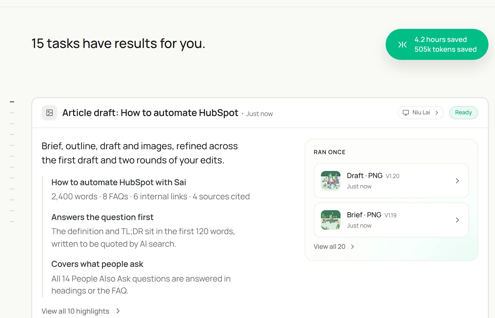 A Sai Ready task: an article draft for How to automate HubSpot, 2,400 words with 8 FAQs, 6 internal links and 4 sources, highlights noting the definition and TL;DR in the first 120 words and all 14 People Also Ask questions answered, with files from two rounds of edits