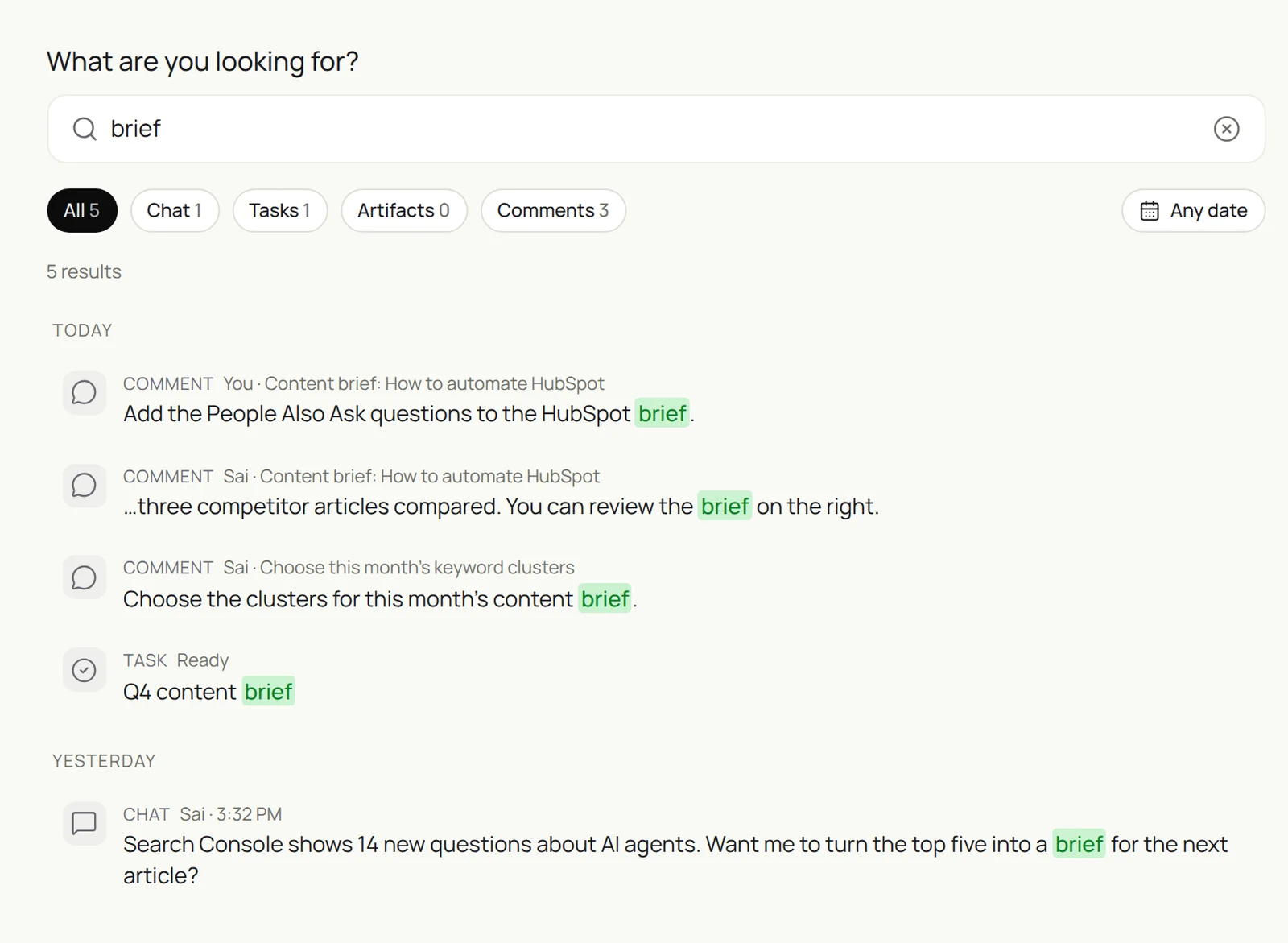 Sai search results for brief: comments on the content brief for How to automate HubSpot, a task for the Q4 content brief, and a chat suggesting a brief from 14 new Search Console questions about AI agents