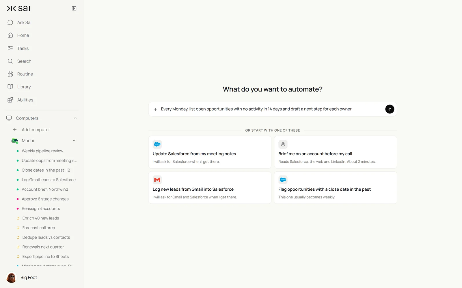 Sai’s New routine screen with Salesforce starters: update Salesforce from my meeting notes, brief me on an account before my call, log new leads from Gmail into Salesforce, and flag opportunities with a close date in the past, with a sidebar of Salesforce jobs