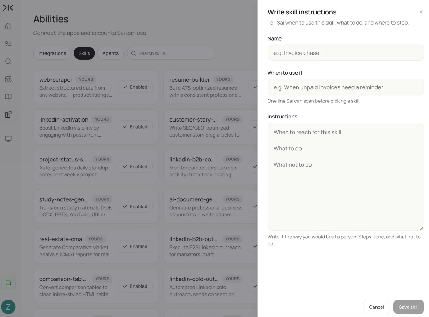 The Write skill instructions panel in Sai Abilities: name, when to use it, and instructions
