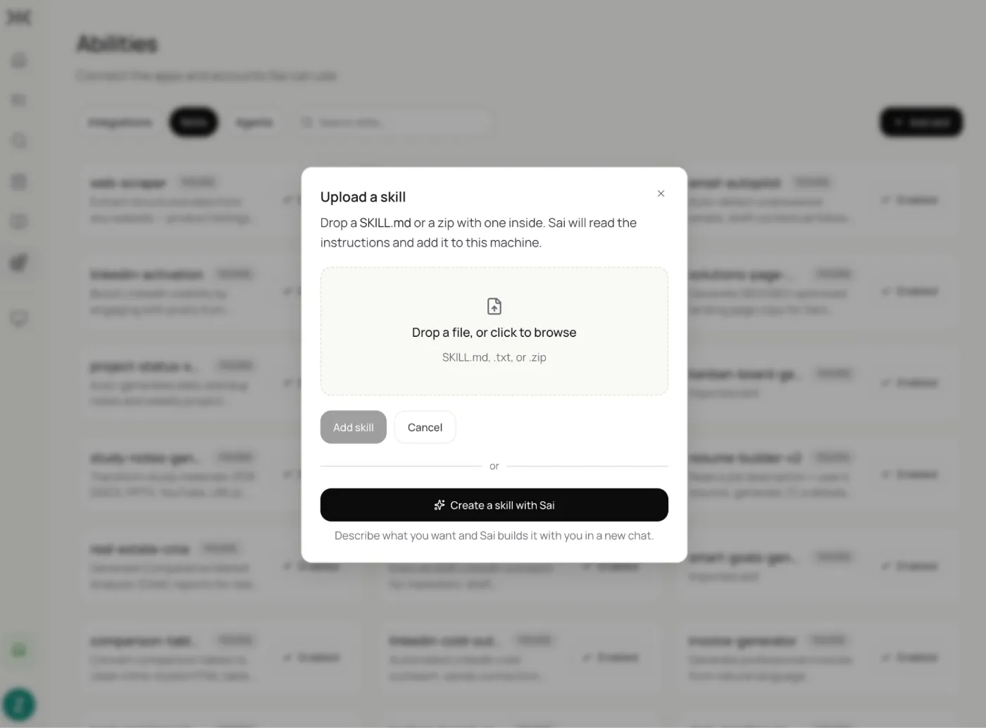 The Upload a skill dialog: drop a SKILL.md or zip, or create a skill with Sai