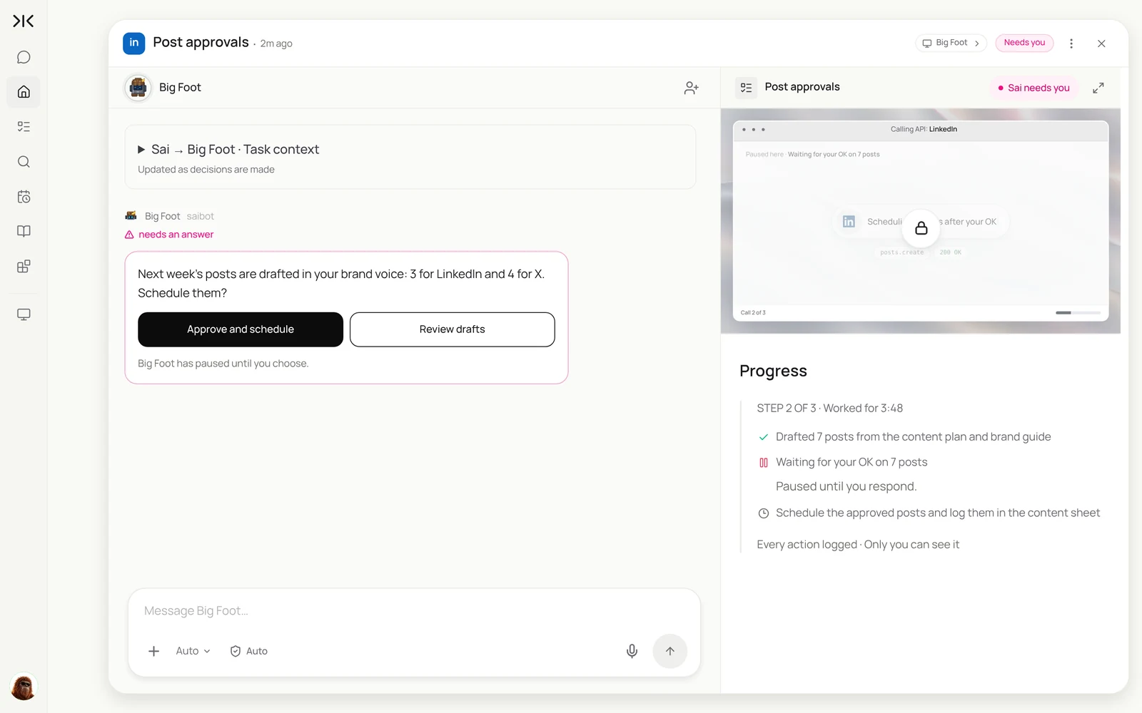 A Sai task paused for approval: 7 posts drafted for LinkedIn and X, with Approve and schedule and Review drafts buttons