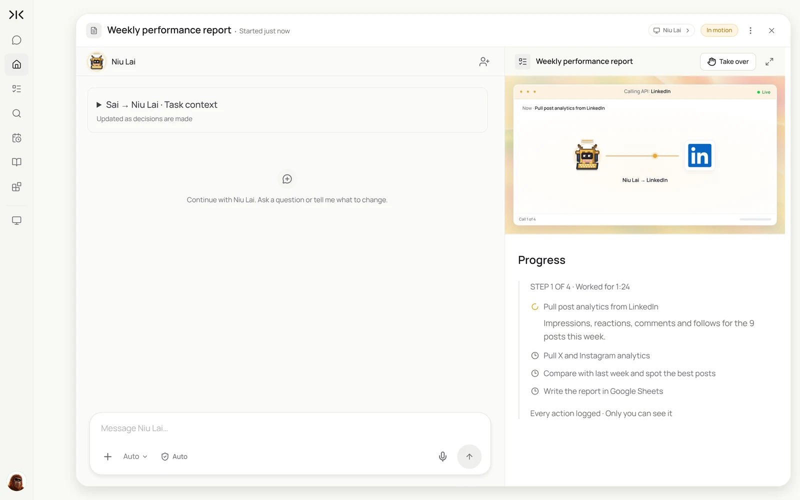 A running Sai task building the weekly performance report, with the live view of the computer reading LinkedIn analytics and the progress steps