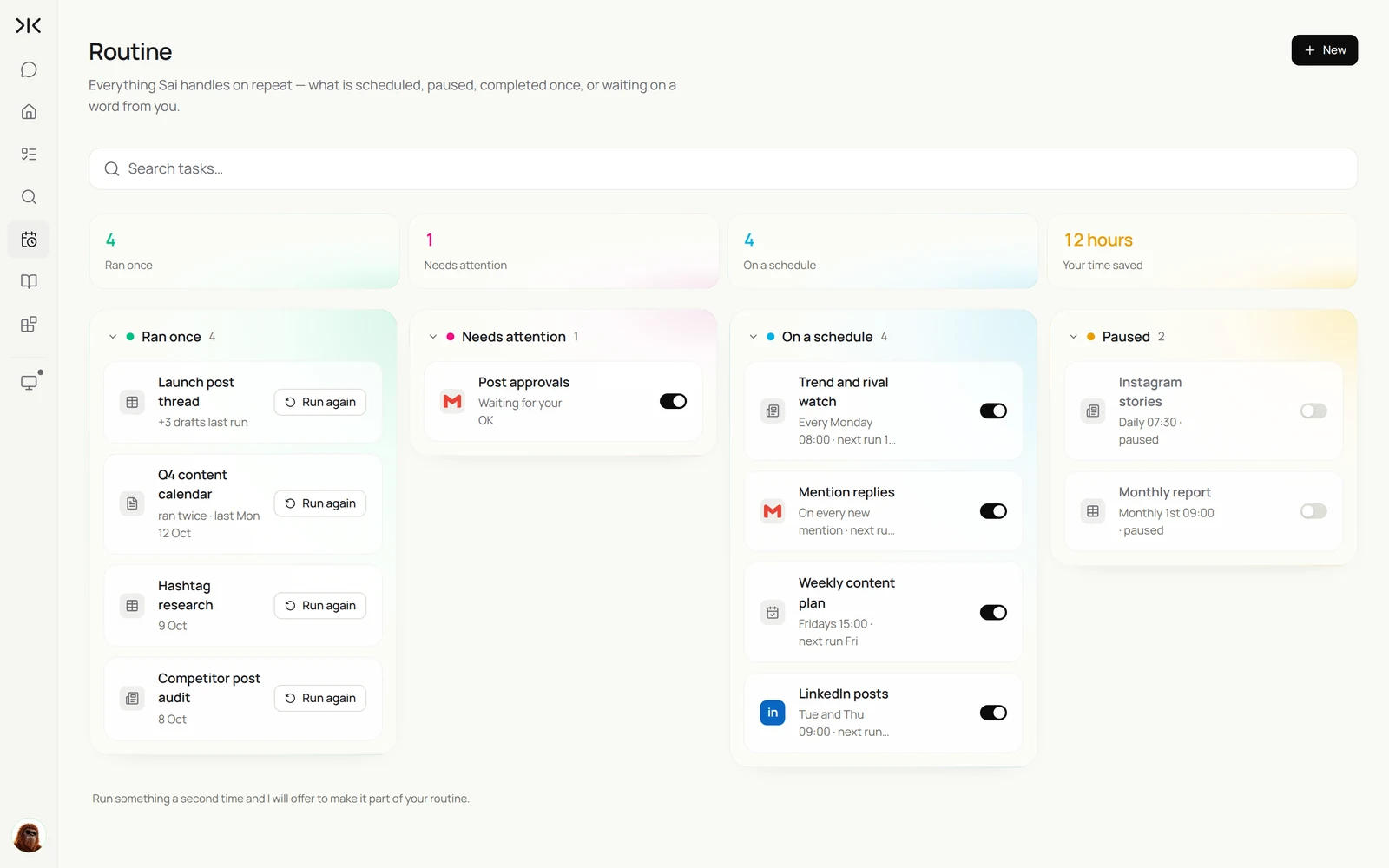 The Routine page in Sai with an AI social media manager’s routines: trend and rival watch, mention replies, weekly content plan and LinkedIn posts on a schedule, and post approvals waiting