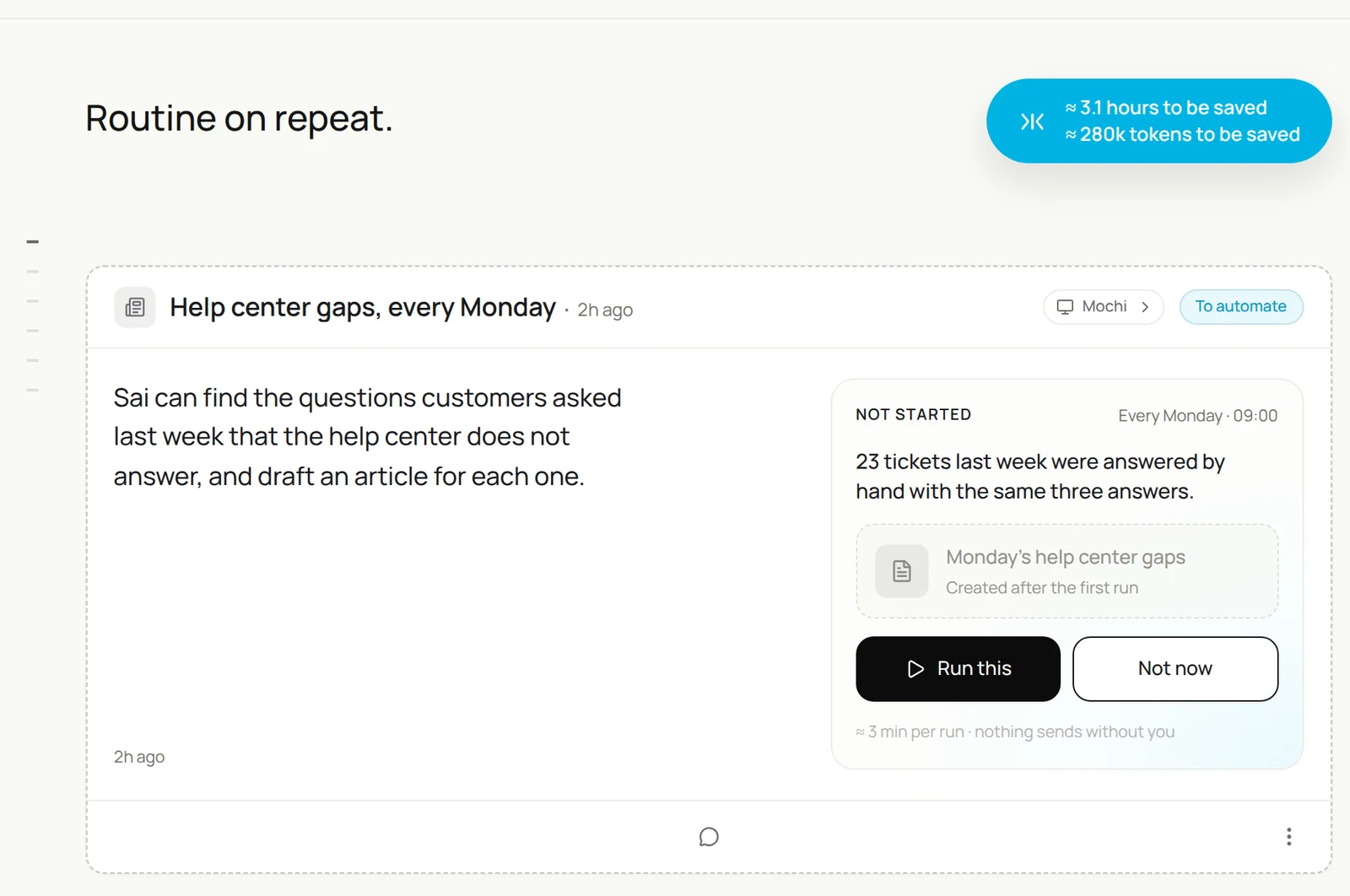 A Sai Automate suggestion: Help center gaps, every Monday at 9:00, because 23 tickets last week were answered by hand with the same three answers, with Run this and Not now