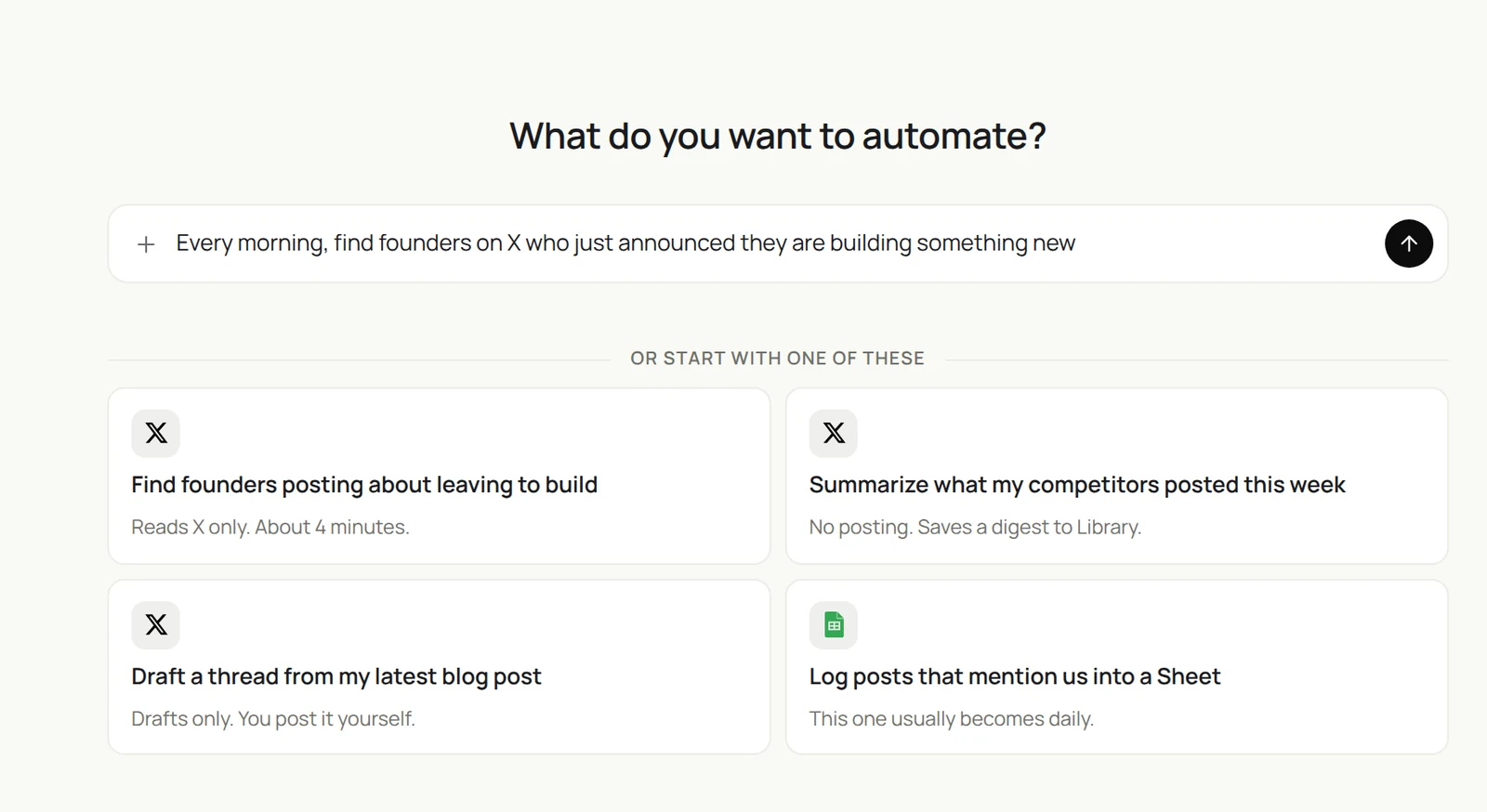 Sai’s New routine screen with X starters: find founders posting about leaving to build, summarize competitors’ posts, draft a thread, and log mentions into a sheet
