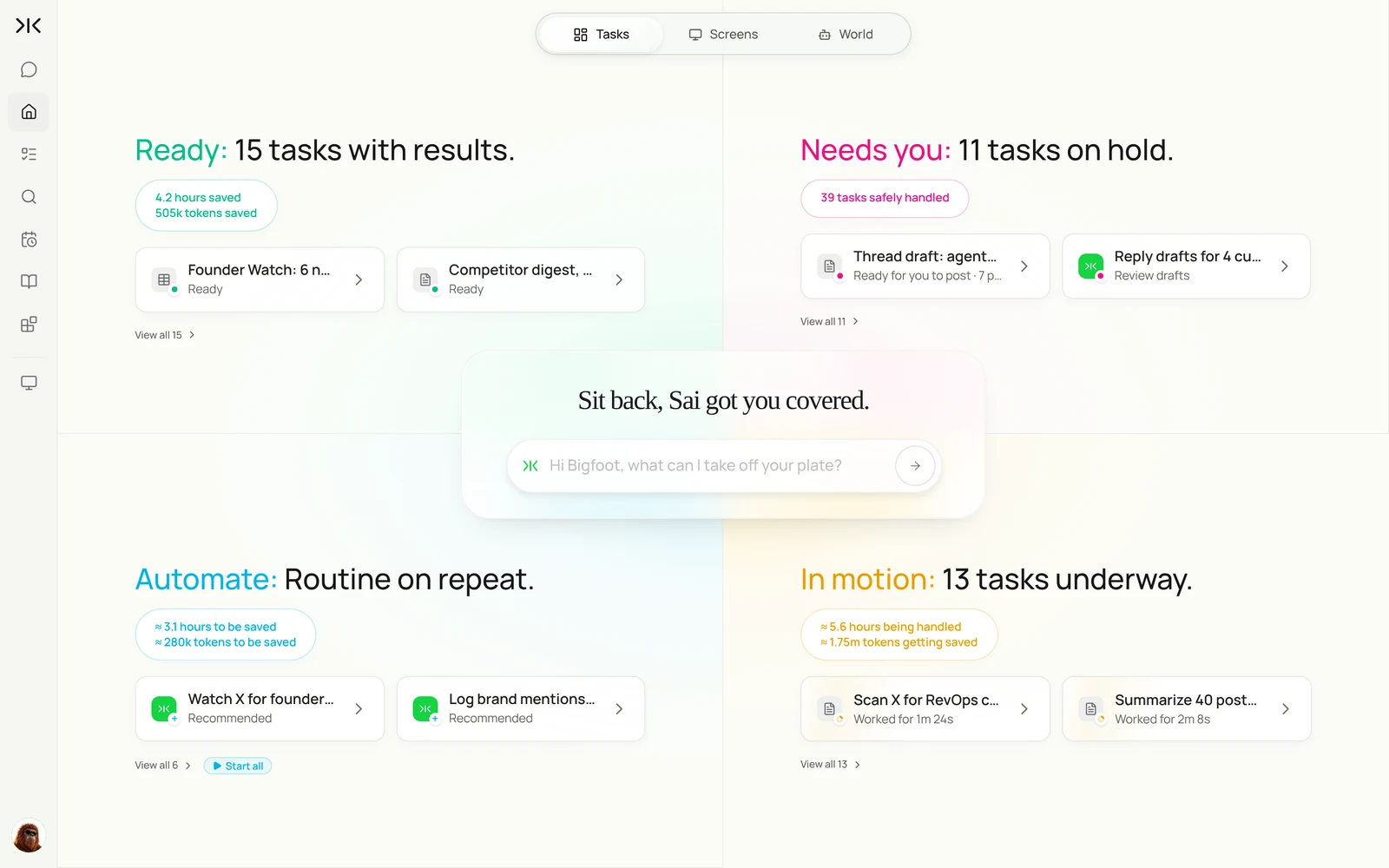 Sai Home with X work in every quadrant: Founder Watch and a competitor digest ready, a thread draft and reply drafts waiting for review, routines for founder sourcing and brand mentions, and X scans in motion