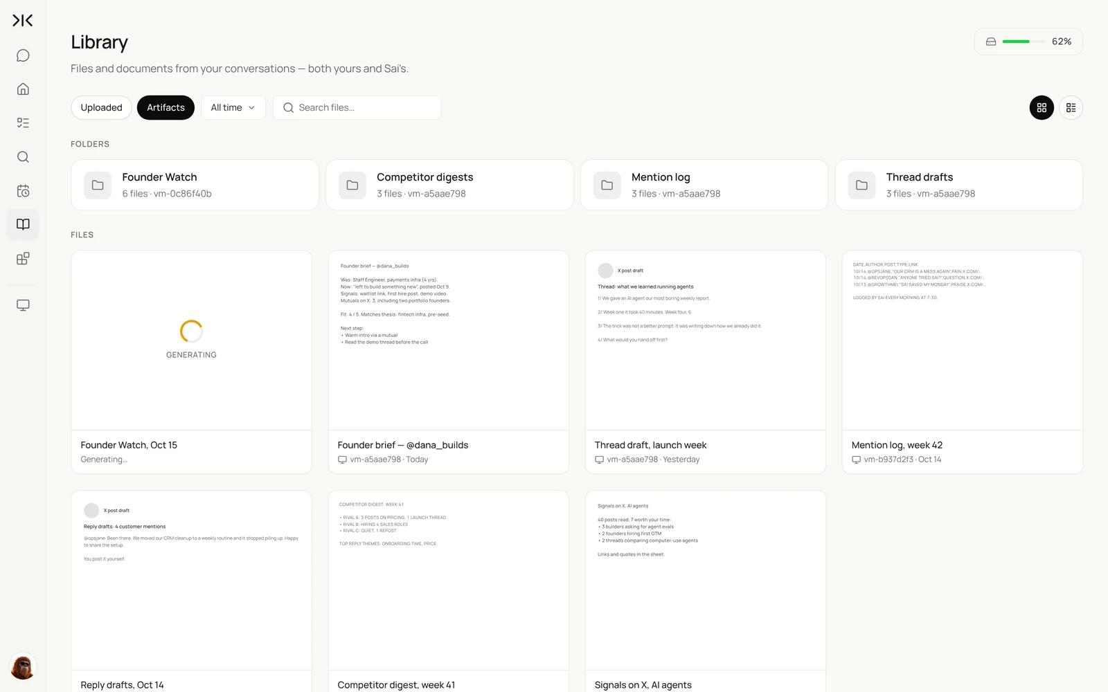 Sai Library with X folders for Founder Watch, competitor digests, mention log and thread drafts, and files such as a founder brief, a thread draft and reply drafts