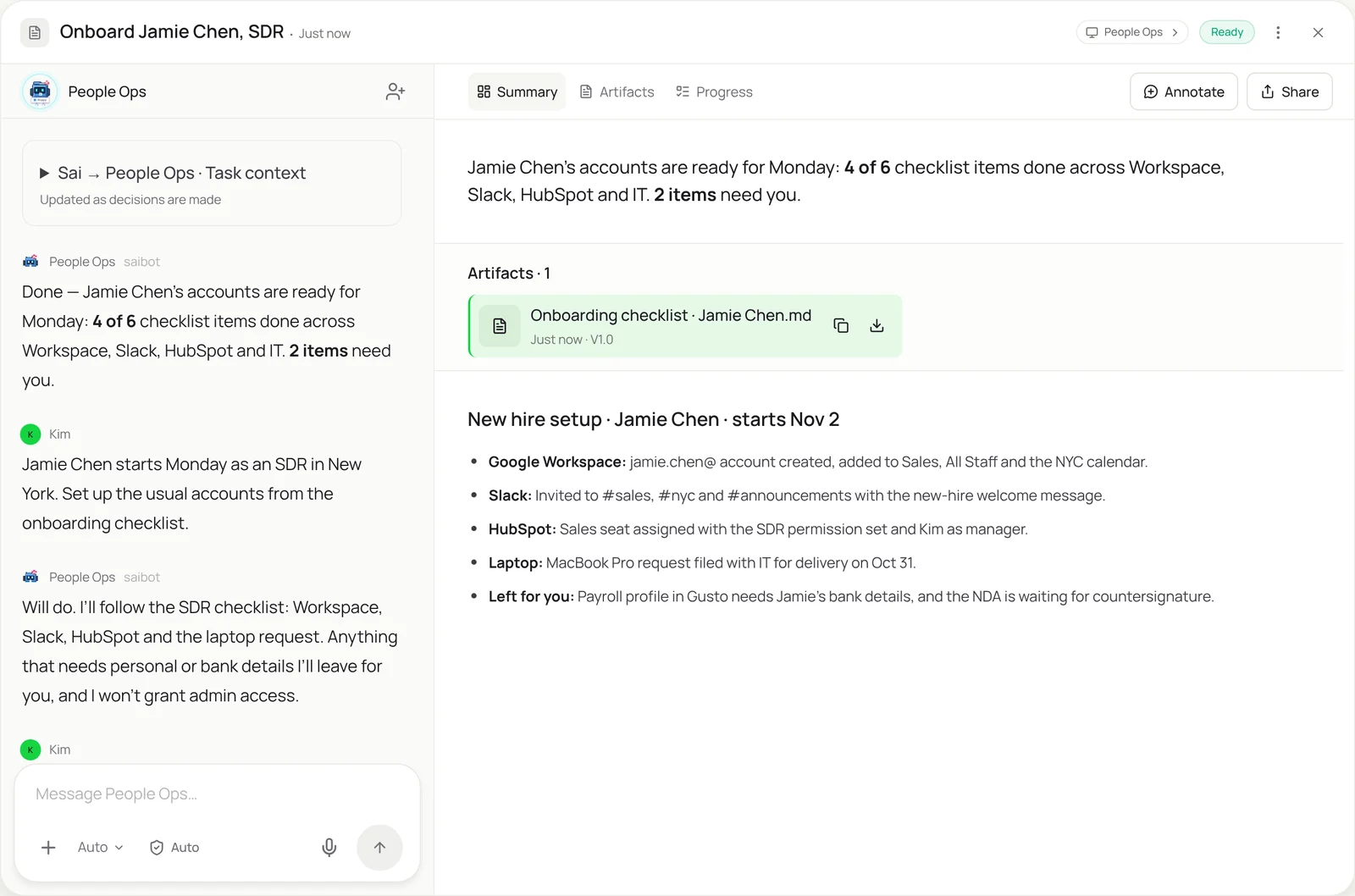 Sai task view: Onboard Jamie Chen, SDR, Ready. Kim asks People Ops to set up the usual accounts from the onboarding checklist for Jamie Chen, starting Monday as an SDR in New York. People Ops reports 4 of 6 checklist items done and 2 needing Kim. The checklist shows the Google Workspace account and groups, Slack channels, a HubSpot seat with the SDR permission set, a laptop request with IT, and, left for Kim, the payroll profile that needs bank details and an NDA awaiting countersignature.