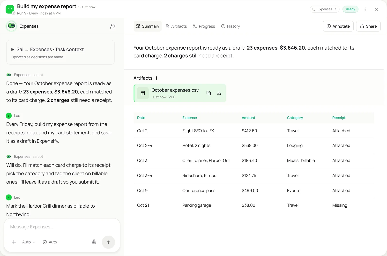 Sai task view: Build my expense report, Ready, run 9, every Friday at 4 PM. Leo asks Expenses to build the expense report from the receipts inbox and card statement every Friday and save it as a draft in Expensify, and to mark the Harbor Grill dinner as billable to Northwind. Expenses reports the October report ready as a draft: 23 expenses, $3,846.20, each matched to its card charge, with 2 charges still needing a receipt. The October expenses table lists date, expense, amount, category and receipt status.