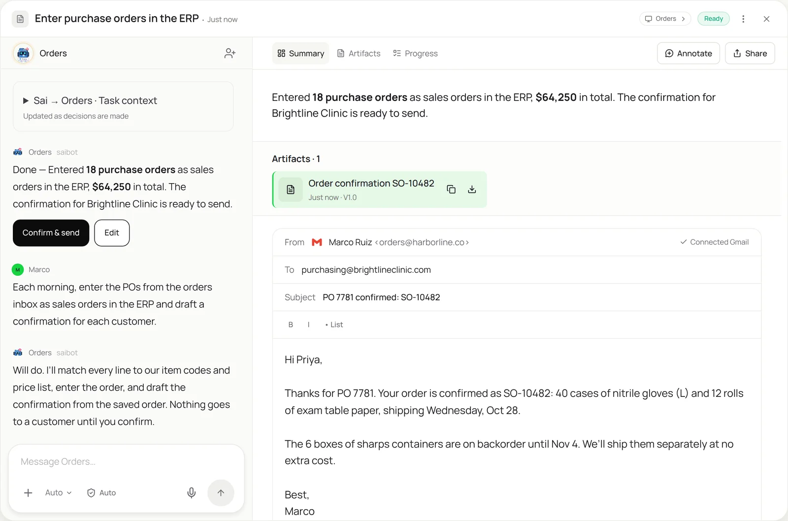 Sai task view: Enter purchase orders in the ERP, Ready. Marco asks Orders to enter the POs from the orders inbox as sales orders each morning and draft a confirmation for each customer. Orders reports 18 purchase orders entered as sales orders, $64,250 in total, with a Confirm and send button for the Brightline Clinic confirmation. The artifact shows the draft email from Marco Ruiz to Brightline Clinic confirming PO 7781 as SO-10482, with one backordered item and its ship date.